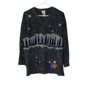 Vintage Disney Winnie the Pooh Winter Women Large Gray Sweater